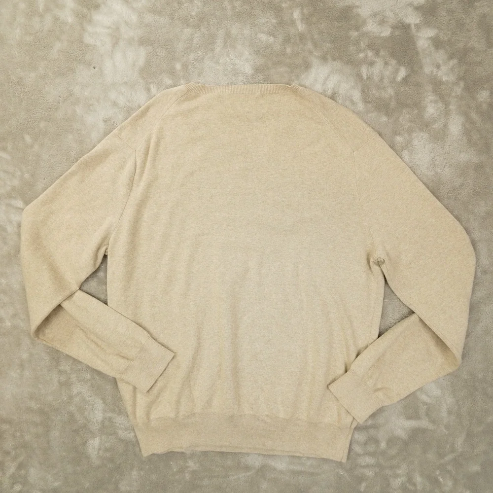 Polo Ralph Lauren Mens Large Beige Pima Cotton V Neck Sweater Pullover Logo